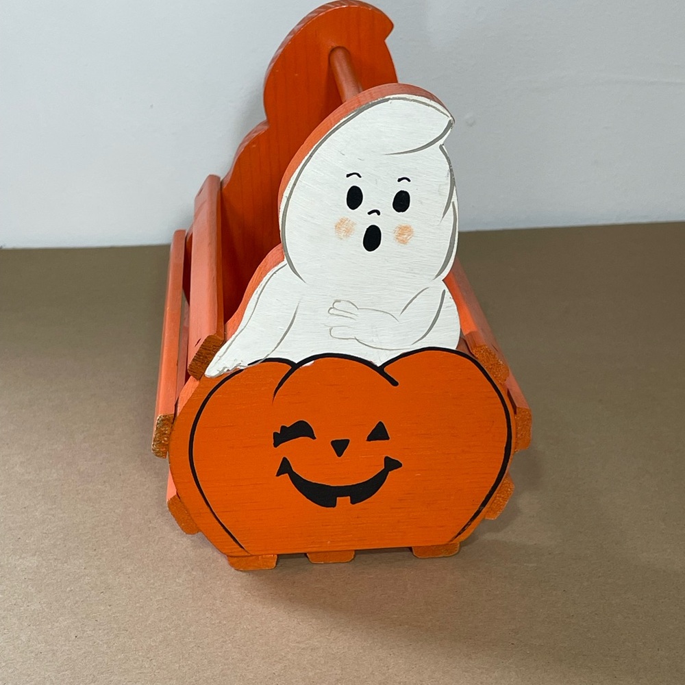 Vintage Ghost Jack-O-Lantern Boo Basket Hand Painted Halloween Pumpkin Fall